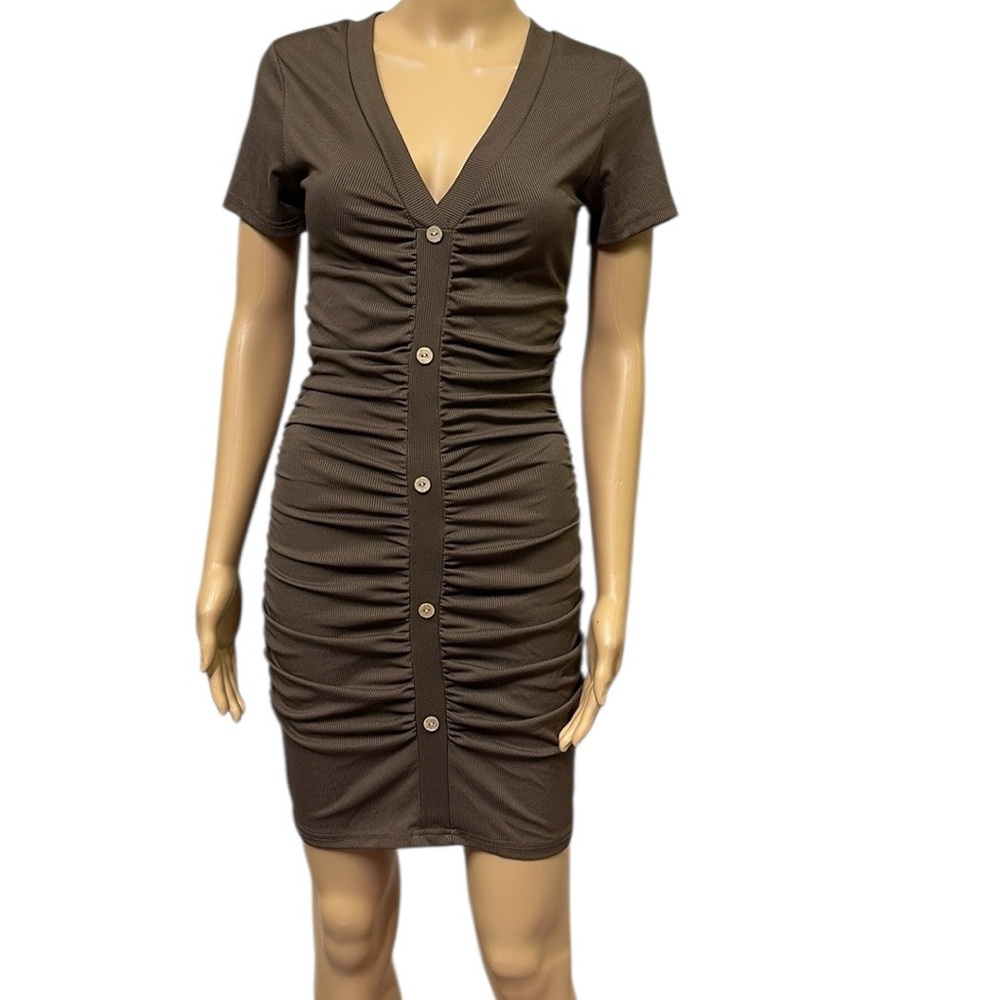 Beyove Ruched Brown Bodycon Ribbed V Neck Button Front Short Sleeve Mini Dress S - Picture 2 of 9
